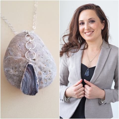 Unique Druzy Pendant Necklace, Sterling Silver Circle Link Chain, Statement Necklace