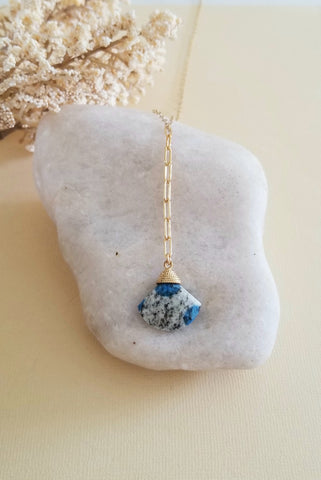 One of a Kind Azurite Necklace, Gold Y Necklace, Long Center Drop Necklace