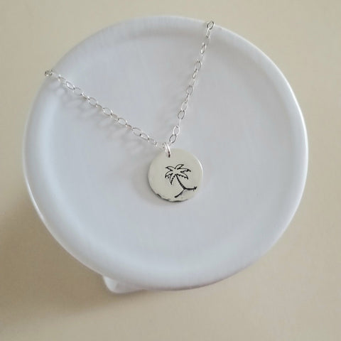 Palm Tree Charm Necklace, Layering Necklace, Dainty Disc Necklace, Silver or Gold