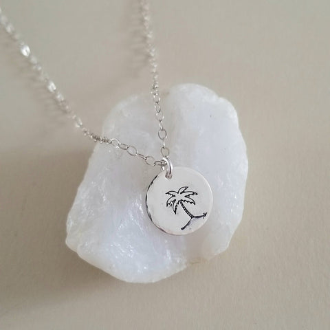 Palm Tree Charm Necklace, Layering Necklace, Dainty Disc Necklace, Bridesmaid Gift, Summer Birthday Gift