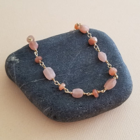 Natural Peach Moonstone Bracelet, Boho Beaded Bracelet, Stacking Bracelet