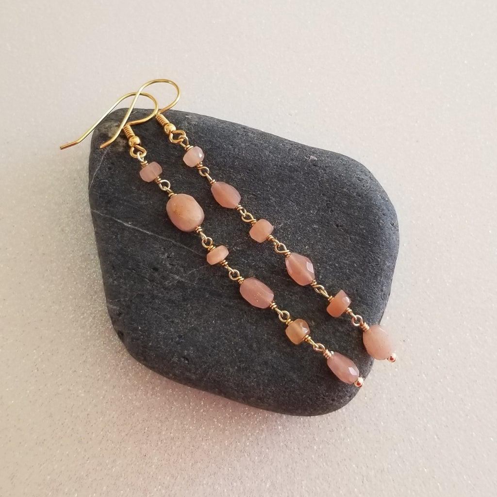 Long Peach Moonstone Earrings, Beaded Boho Earrings, Handmade Bohemian Jewelry