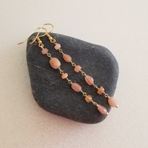 Long Peach Moonstone Earrings, Beaded Boho Earrings, Handmade Bohemian Jewelry