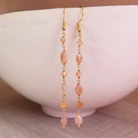 Long Peach Moonstone Earrings, Beaded Boho Earrings