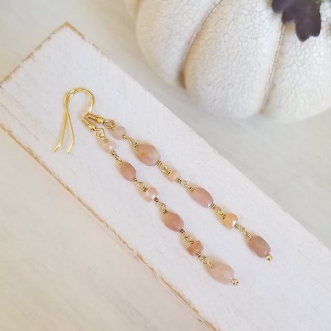 Peach Moonstone Earrings, Long Gold Chain Earrings, Light Weight Gemstone Earrings, Beaded Boho Earrings, Gift for Her, Moonstone Jewelry