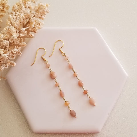 Peach Moonstone Earrings, Long Gold Chain Earrings, Light Weight Gemstone Earrings, Beaded Boho Earrings, Affordable Christmas Gift for Her, Moonstone Jewelry