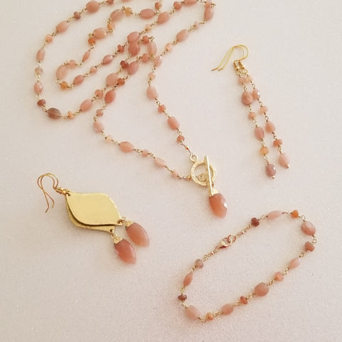 Long Peach Moonstone Earrings, Beaded Boho Earrings