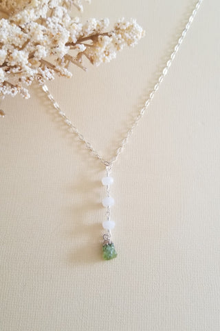 Raw Peridot and Moonstone Y Necklace, Silver or Gold