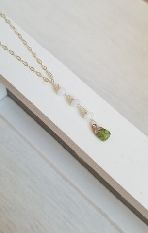 Raw Peridot and Moonstone Y Necklace, Silver or Gold