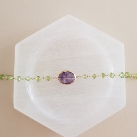 Peridot and Amethyst Bracelet, Boho Beaded Gemstone Bracelet