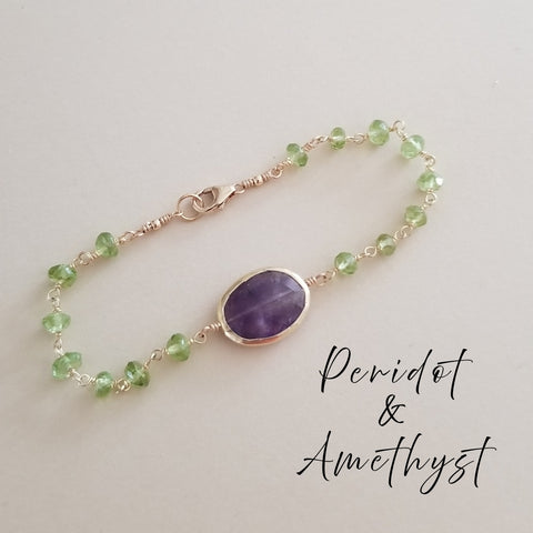 Handmade bracelet with faceted peridot and amethyst beads, vibrant green and purple gemstones, boho-chic jewelry perfect for gifting or everyday wear.