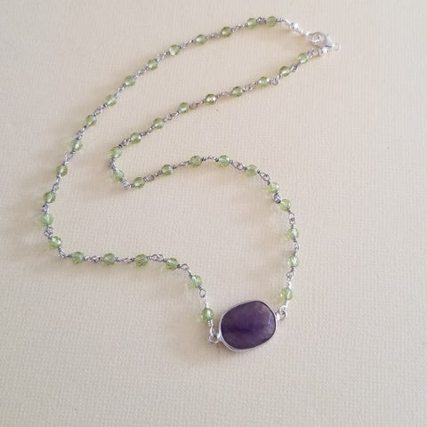 Peridot and Amethyst Necklace, Beaded Boho Chain Necklace, Peridot Jewelry, Layering Necklace, Boho Gemstone Necklace, August Birthstone