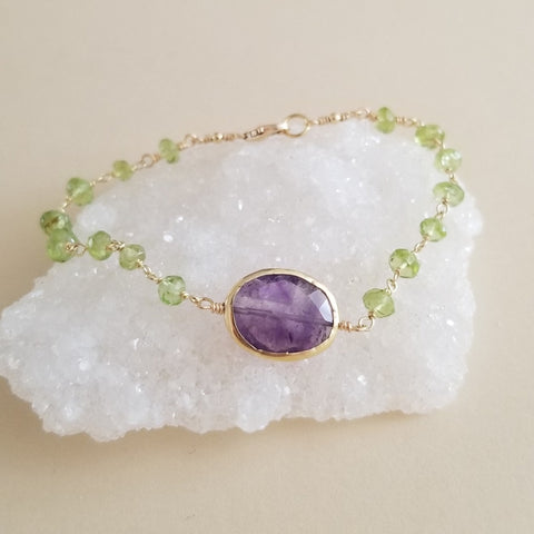 Peridot and Amethyst Bracelet, Boho Beaded Gemstone Bracelet