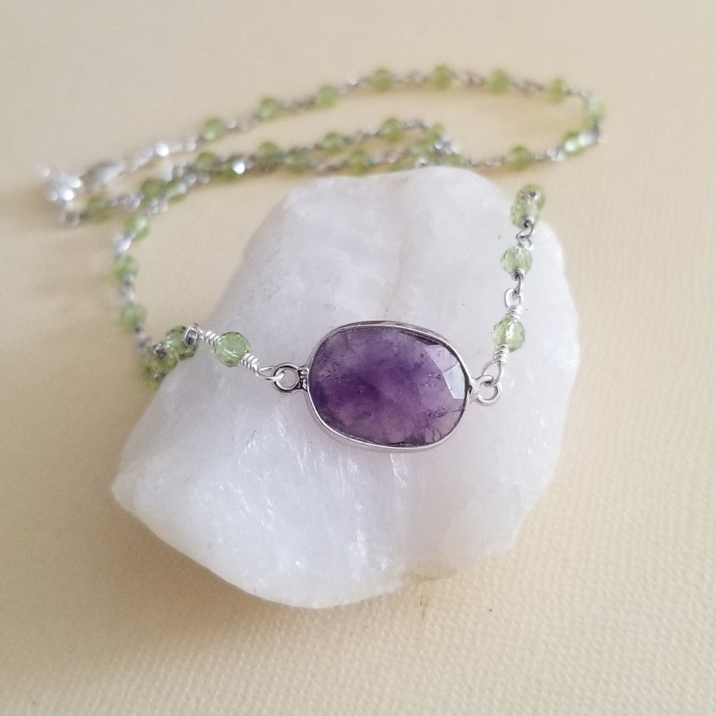 Handmade Peridot and Amethyst Necklace, Boho Beaded Stone Necklace for Women