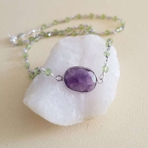 Handmade Peridot and Amethyst Necklace, Boho Beaded Stone Necklace for Women