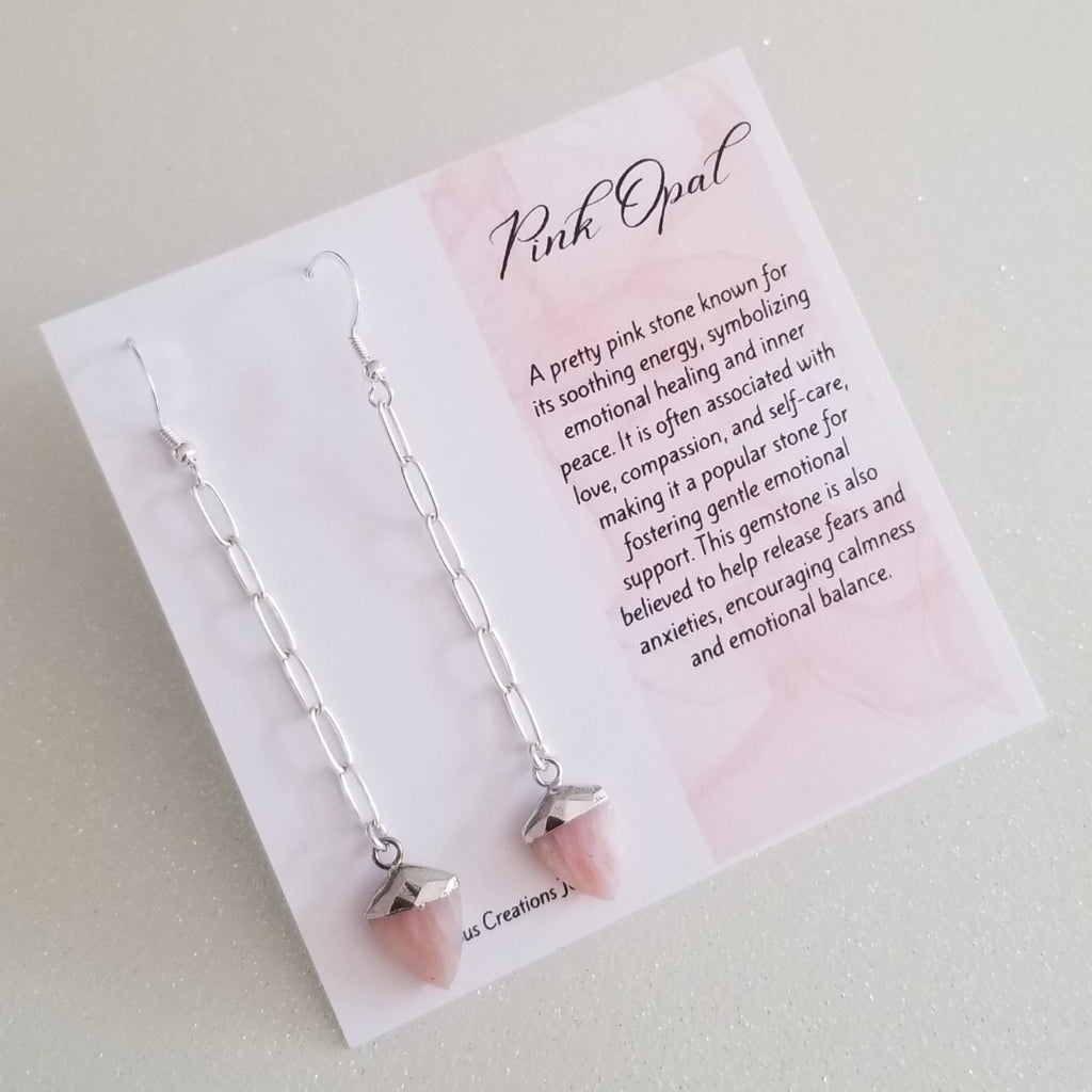 Pink Opal Earrings, Long Paperclip Chain Earrings with Pink Opal, Healing Crystal Earrings, Calmness and Balance