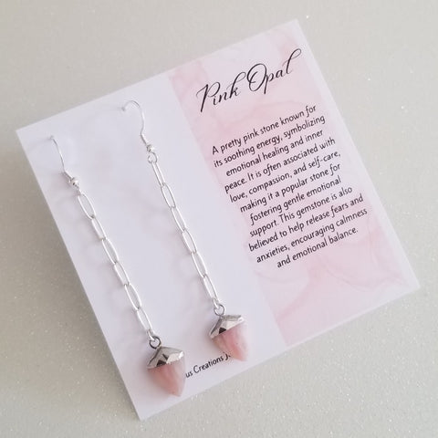 Pink Opal Earrings, Long Paperclip Chain Earrings with Pink Opal, Healing Crystal Earrings, Calmness and Balance