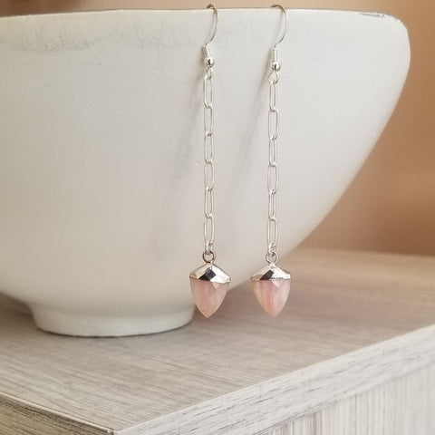Pink Opal Earrings, Long Paperclip Chain Earrings with Pink Opal