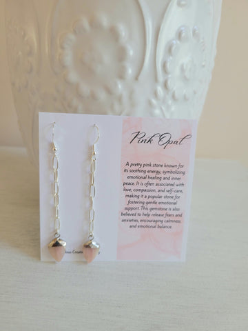Pink Opal Earrings, Long Paperclip Chain Earrings with Pink Opal