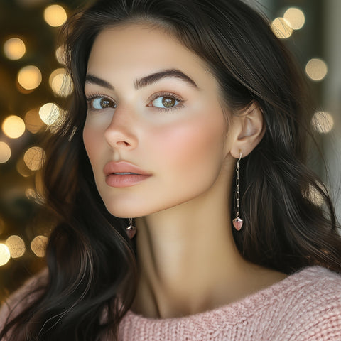 Pink Opal Earrings, Long Paperclip Chain Earrings with Pink Opal