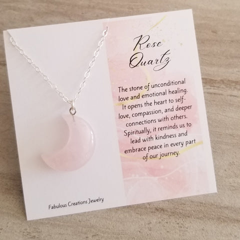 A Rose Quartz Crescent Moon pendant necklace on a dainty sterling silver chain, paired with a meaningful gift card. A thoughtful and feminine gift that symbolizes love, healing, and positive energy.