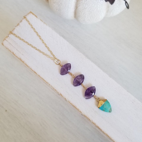 Amethyst and Turquoise Center Drop Necklace, Long Gemstone Pendant Necklace