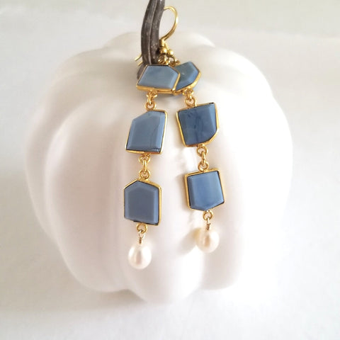 Long Blue Opal and Pearl Earrings, Handmade Statement Earrings for Women