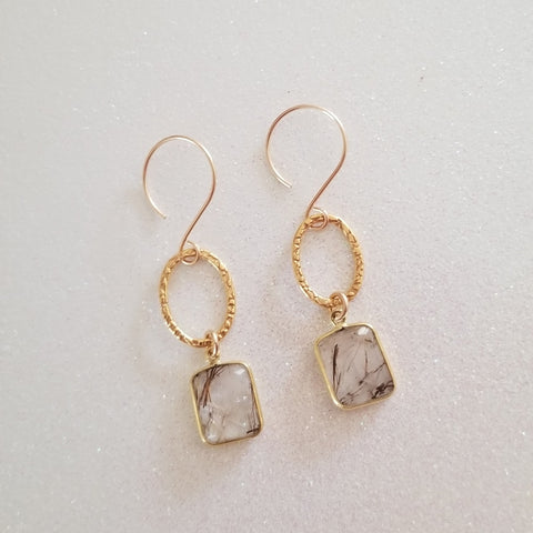 Copper Rutilated Quartz Earrings, Gold Circle Earrings, Crystal Dangle Earrings, Small Hoops, Gift for Her, One of a Kind Stone Earrings