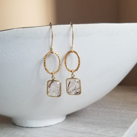 Copper Rutilated Quartz Earrings, Gold Circle Earrings, Crystal Dangle Earrings, Small Hoops, Gift for Her, One of a Kind Stone Earrings
