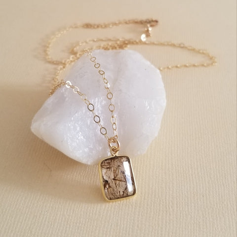 Copper Rutilated Quartz Necklace, Dainty Gold Necklace, Quartz Crystal Necklace, Copper Rutilated Quartz Square Pendant, Gift for Her