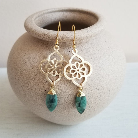 Handmade Raw Emerald Earrings for Women, Gold Flower Earrings with Emerald