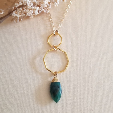Long Gold Emerald Pendant Necklace, Handmade Gemstone Necklace
