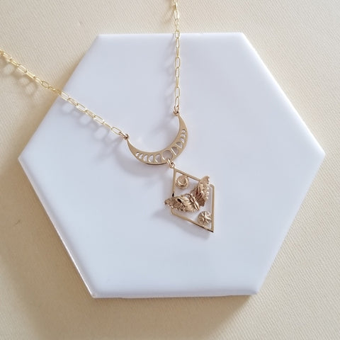 Gold Moon and Moth Pendant Necklace, Boho Pendant Necklace, Moth with Moon and Sun Necklace, Talisman Pendant Necklace