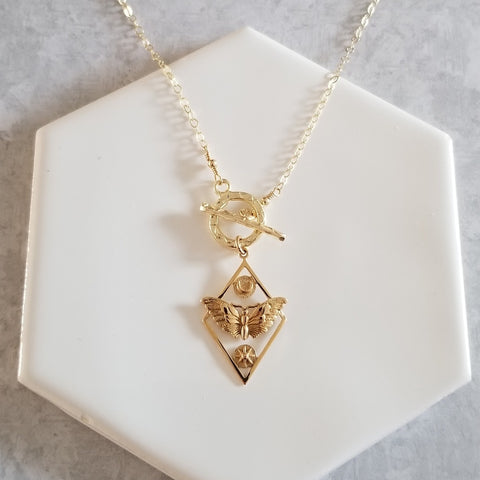 Gold Moth Pendant Necklace, Front Toggle Clasp Necklace