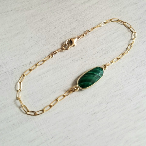 Dainty Gold Bracelet with Malachite Gemstone, Handmade Bracelet