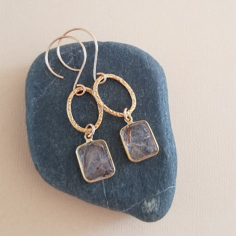 Copper Rutilated Quartz Earrings, Gold Circle Earrings, Crystal Dangle Earrings, Small Hoops, Gift for Her, One of a Kind Stone Earrings