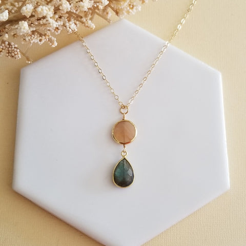 Gold Peach Moonstone and Labradorite Pendant Necklace, Handmade Necklace in the USA