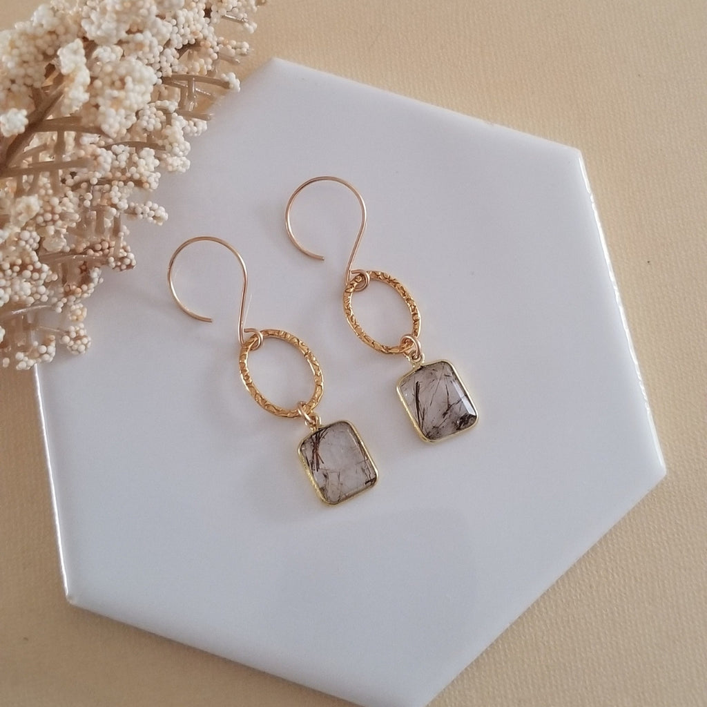 Copper Rutilated Quartz Earrings, Gold Circle Earrings, Crystal Dangle Earrings, Small Hoops, Boho Style Earrings