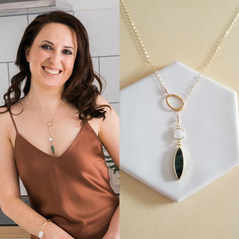 Gold Moonstone and Emerald Lariat Necklace