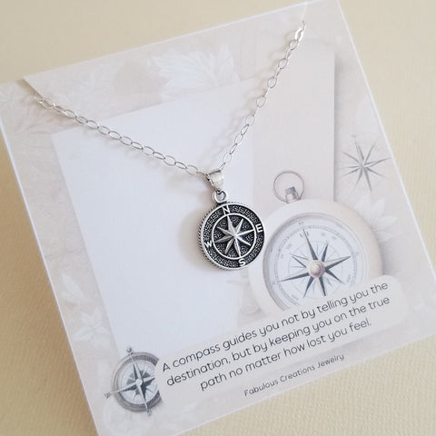 Necklace and Card Gift Set, Sterling Silver Compass Charm Necklace