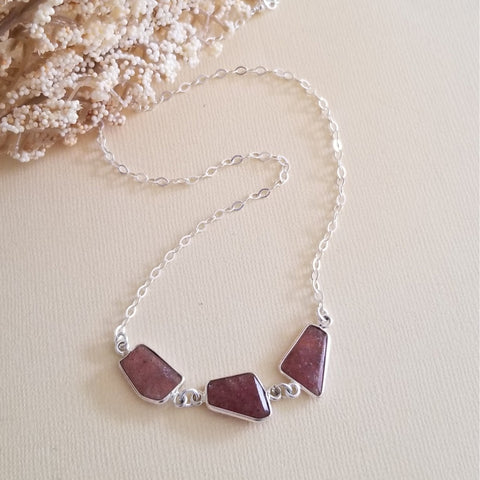 Strawberry Quartz Necklace, Dainty Statement Necklace, Gemstone Bar Necklace, Layering Necklace, Pink Stone Necklace, Gift for Her