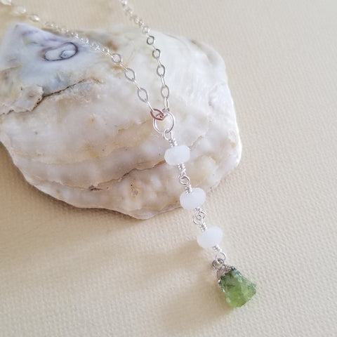 Raw Peridot Necklace, Moonstone and Peridot Pendant, Boho Y Necklace, August Birthstone, Long Center Drop Necklace, Silver or Gold