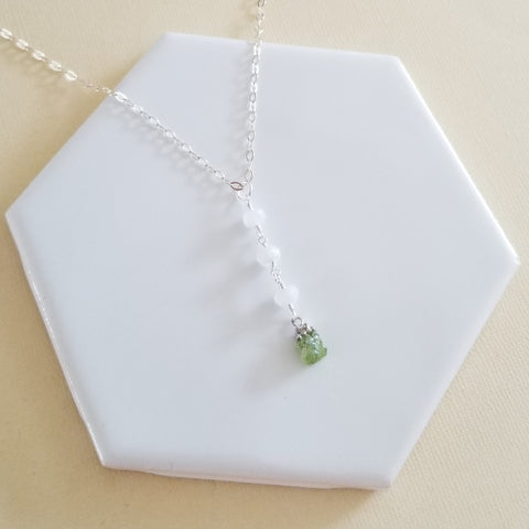 Raw Peridot and Moonstone Y Necklace, Silver or Gold, August Birthstone