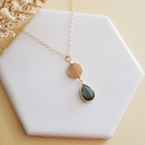 Gold Peach Moonstone and Labradorite Pendant Necklace