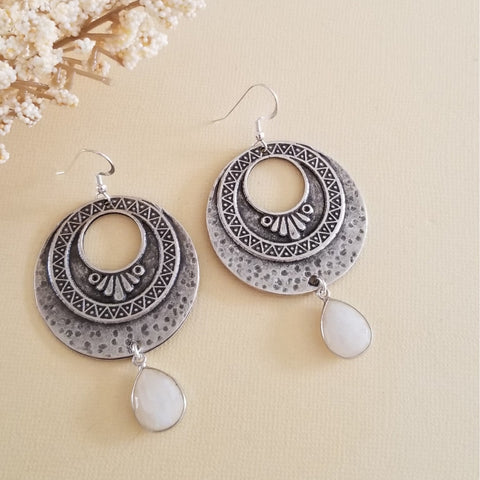 Oxidized Silver Earrings with Gemstones, Amethyst or Moonstone, Boho Hoop Earrings, Handmade Gemstone Earrings