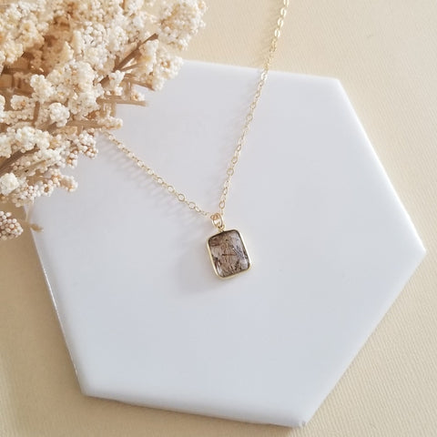 Copper Rutilated Quartz Necklace, Dainty Gold Necklace, Quartz Crystal Necklace, Copper Rutilated Quartz Square Pendant, Gift for Her, Bridesmaid Gift, Wedding Jewelry