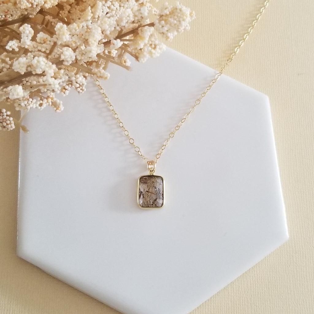 Dainty Gold Copper Rutilated Quartz Pendant Necklace, Handmade Gemstone Jewelry for Women