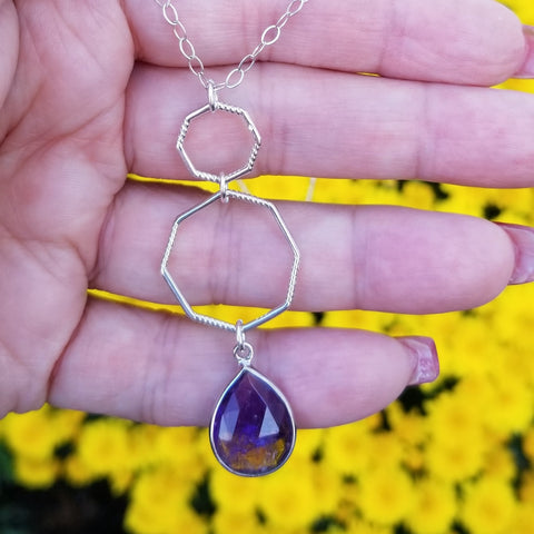 Amethyst Necklace, Long Gemstone Necklace, Geometric Necklace, Octagon Pendant, Amethyst Jewelry, Statement Necklace for Women, Boho Stone Necklace