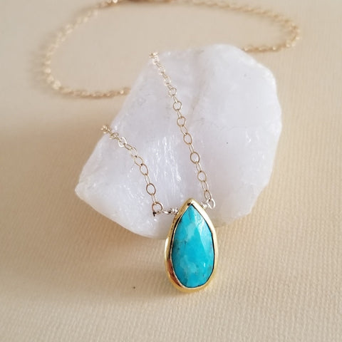Gold Turquoise Teardrop Necklace, Southwestern Jewelry, Handmade Gold Gemstone Necklace, Gift for Her
