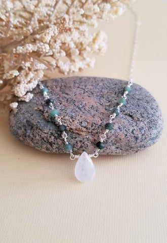 Emerald and Moonstone Teardrop Necklace, Dainty Gemstone Necklace